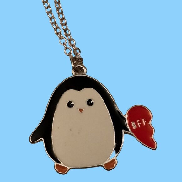 Penguin Pendant Necklace BFF Half Heart  Best Friends Forever Valentine Jewelry - Picture 1 of 3